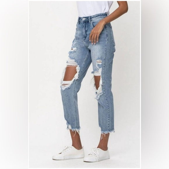 Cello High Rise Straight Leg Destroyed Ankle Length Jeans With Distressed Hem - Picture 2 of 11